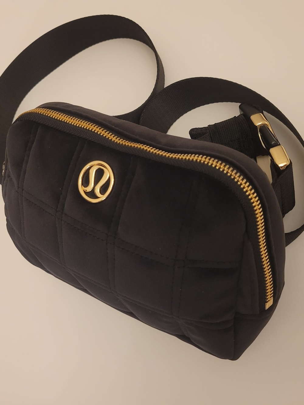 lululemon athletica Black Quilted Belt Bag with Gold Hardware